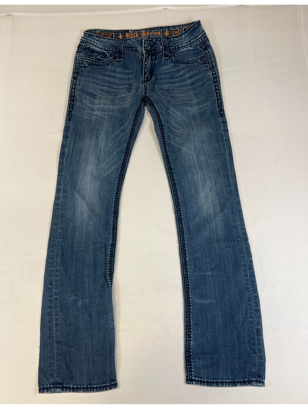Rock Revival Women Size 30 Straight Blue Jeans RJ8107T35 Embellished Flap Pocket